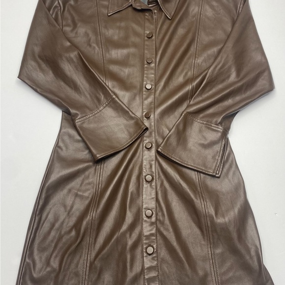 Zara Chocolate Faux Leather Shirt Dress LG Button Front Collar SEXY FEMININE - Picture 1 of 13